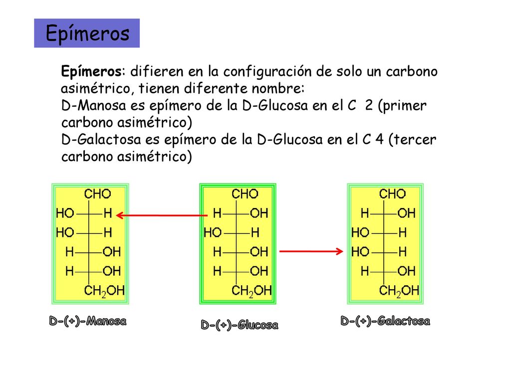 Epímeros Epímeros: difieren en la configuración de solo un carbono asimétrico, tienen diferente nombre: