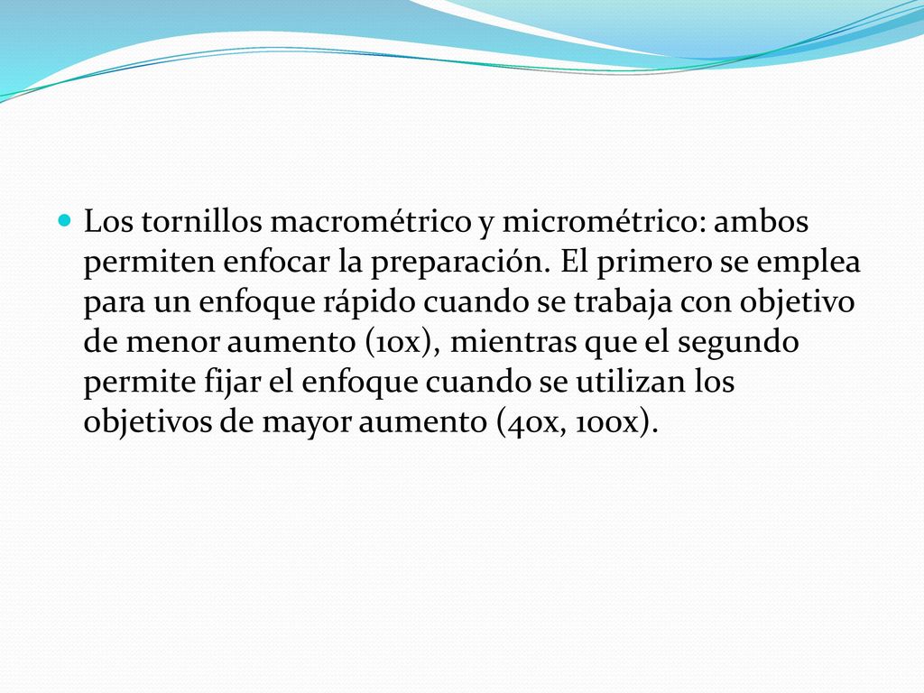 Los tornillos macrométrico y micrométrico: ambos permiten enfocar la preparación.
