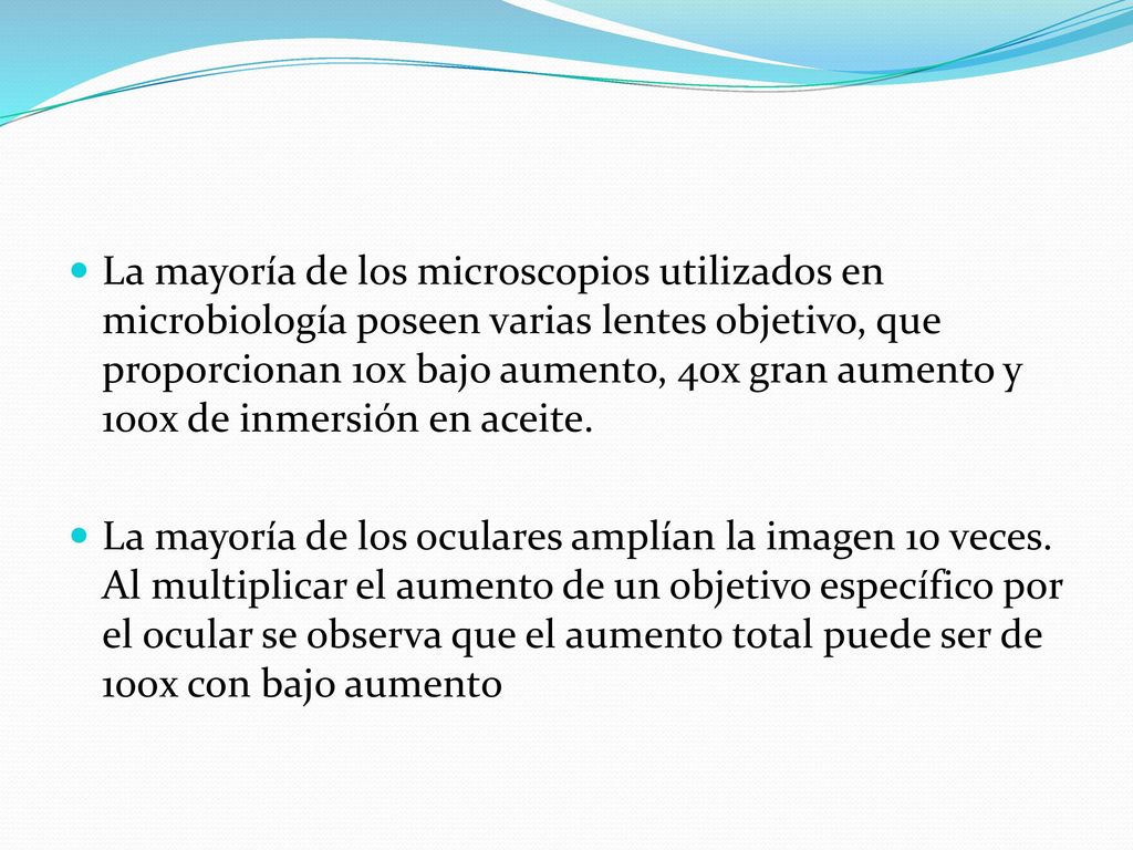 La mayoría de los microscopios utilizados en microbiología poseen varias lentes objetivo, que proporcionan 10x bajo aumento, 40x gran aumento y 100x de inmersión en aceite.