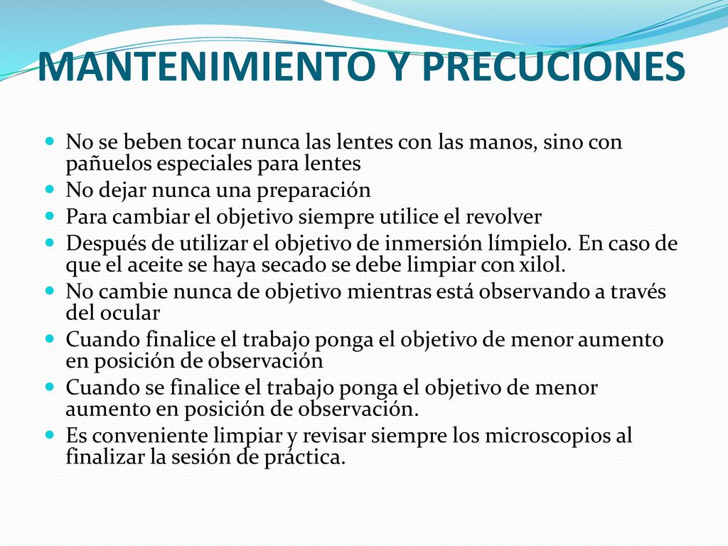 Retire la preparación y limpie el objetivo de inmersión cuidadosamente con un papel especial para óptica.