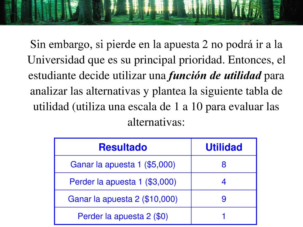 Sin embargo, si pierde en la apuesta 2 no podrá ir a la Universidad que es su principal prioridad. Entonces, el estudiante decide utilizar una función de utilidad para analizar las alternativas y plantea la siguiente tabla de utilidad (utiliza una escala de 1 a 10 para evaluar las alternativas: