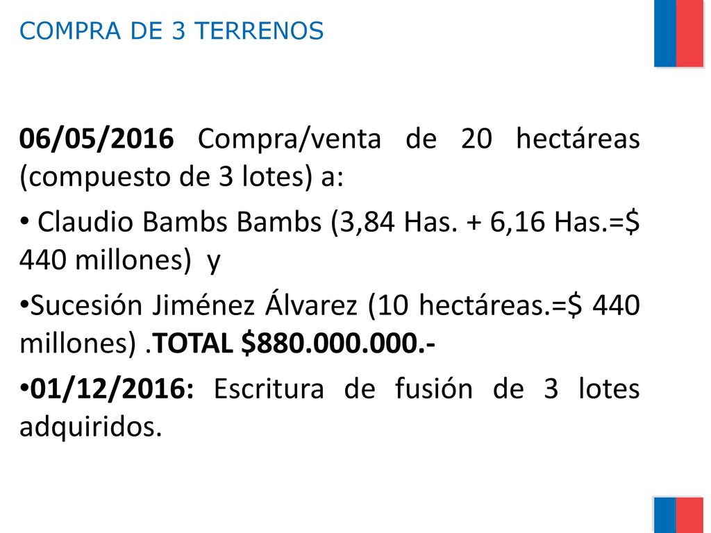 06/05/2016 Compra/venta de 20 hectáreas (compuesto de 3 lotes) a: