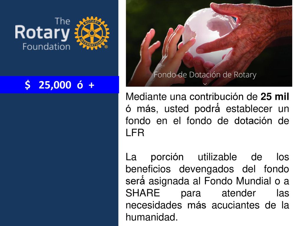 $ 25,000 ó + Mediante una contribución de 25 mil ó más, usted podrá́ establecer un fondo en el fondo de dotación de LFR.