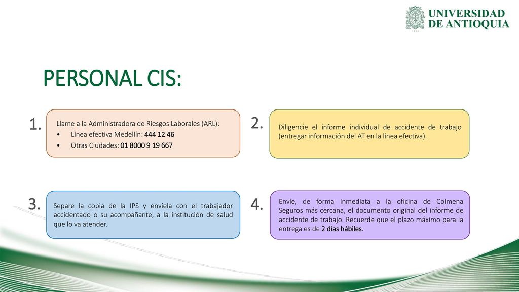 PERSONAL CIS: Llame a la Administradora de Riesgos Laborales (ARL): Línea efectiva Medellín: