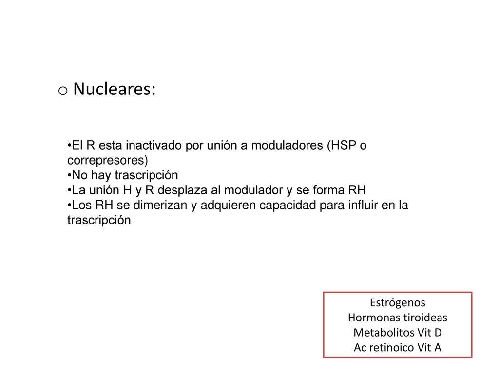 Nucleares: El R esta inactivado por unión a moduladores (HSP o correpresores) No hay trascripción.