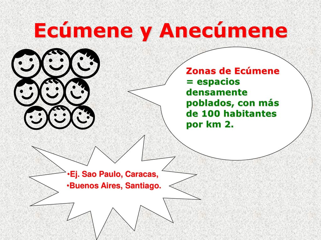 Ecúmene y Anecúmene Zonas de Ecúmene = espacios densamente poblados, con más de 100 habitantes por km 2.