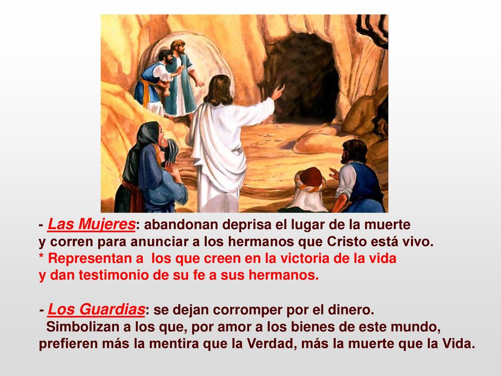 - Las Mujeres: abandonan deprisa el lugar de la muerte y corren para anunciar a los hermanos que Cristo está vivo.