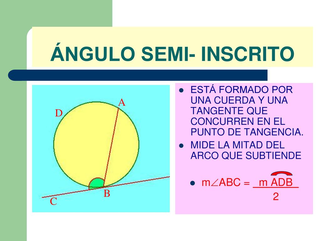 ÁNGULO SEMI- INSCRITO A D mABC = m ADB_ 2 B C