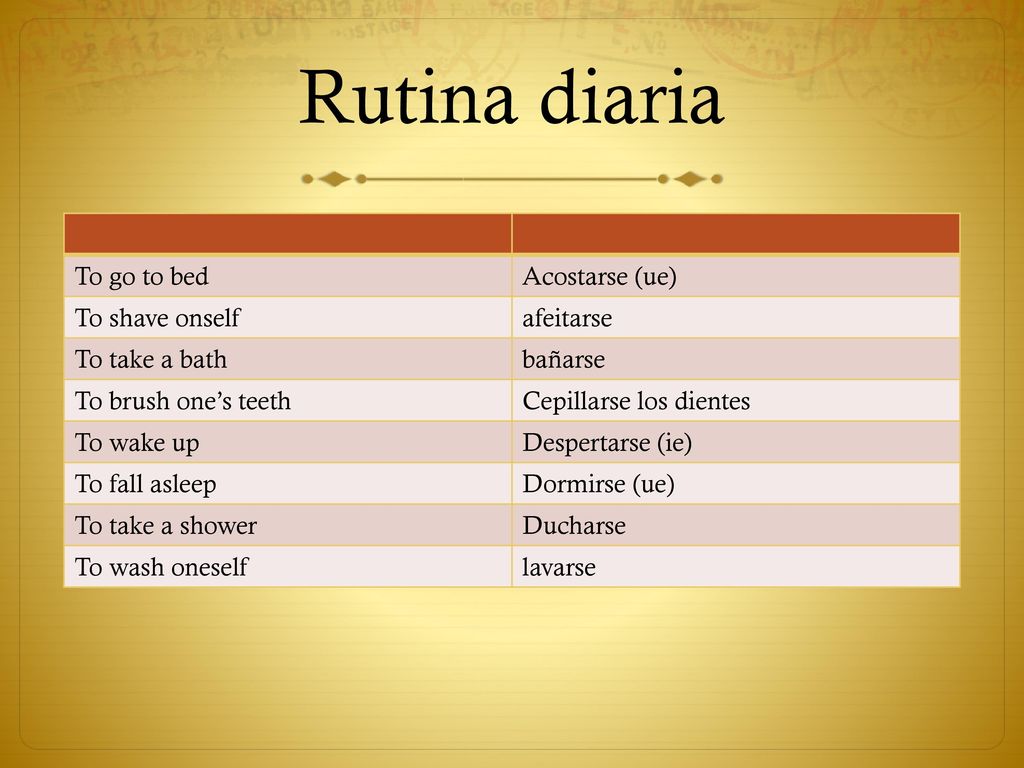 Rutina diaria To go to bed Acostarse (ue) To shave onself afeitarse