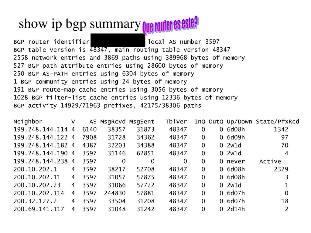 show ip bgp summary Que router es este Que router es este