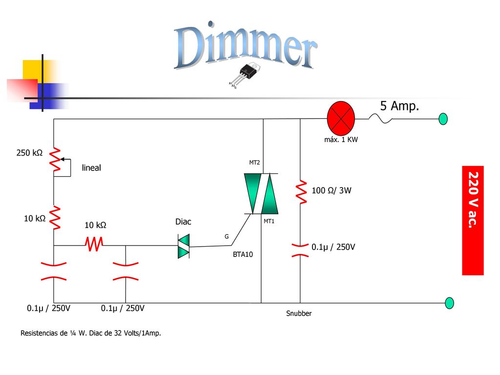 Dimmer 5 Amp. 220 V ac. 250 kΩ lineal 100 Ω/ 3W 10 kΩ Diac 0.1µ / 250V