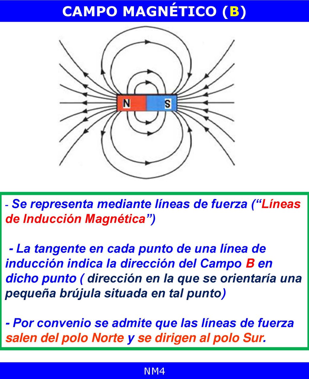 CAMPO MAGNÉTICO (B) Se representa mediante líneas de fuerza ( Líneas de Inducción Magnética )