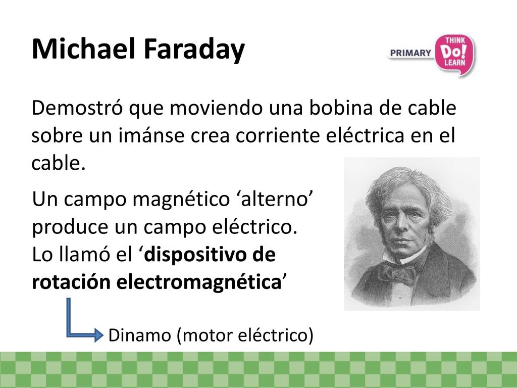 Michael Faraday Demostró que moviendo una bobina de cable sobre un imánse crea corriente eléctrica en el cable.