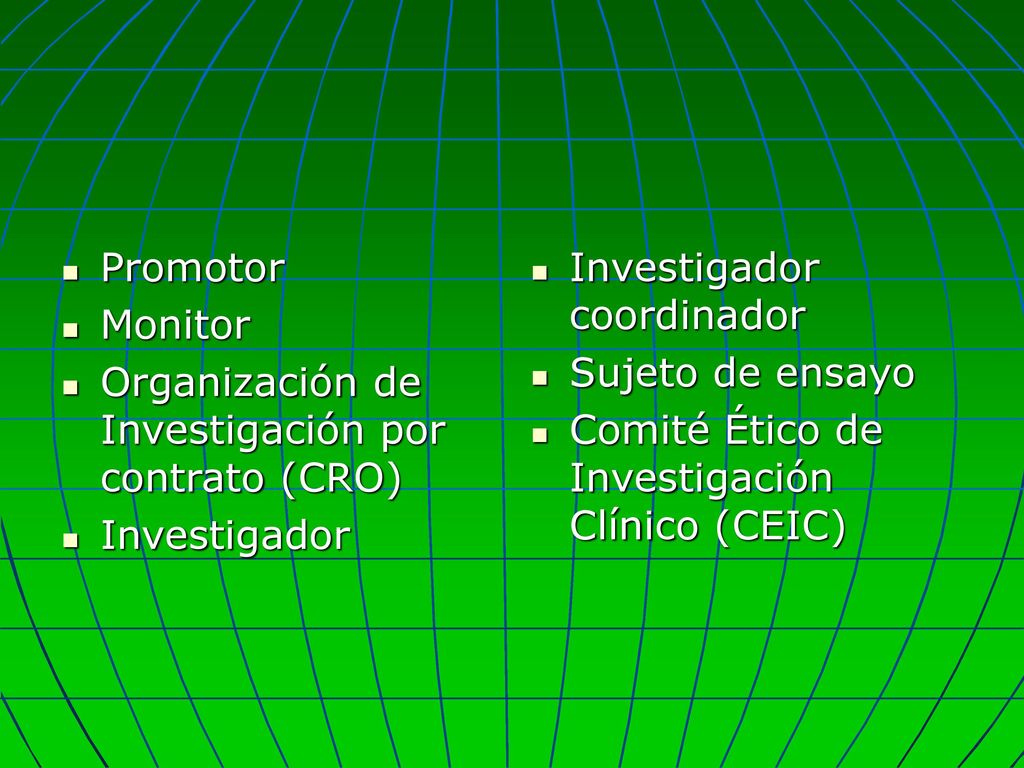 Promotor Monitor. Organización de Investigación por contrato (CRO) Investigador. Investigador coordinador.