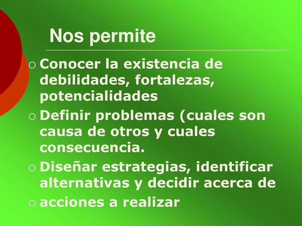 Nos permite Conocer la existencia de debilidades, fortalezas, potencialidades. Definir problemas (cuales son causa de otros y cuales consecuencia.