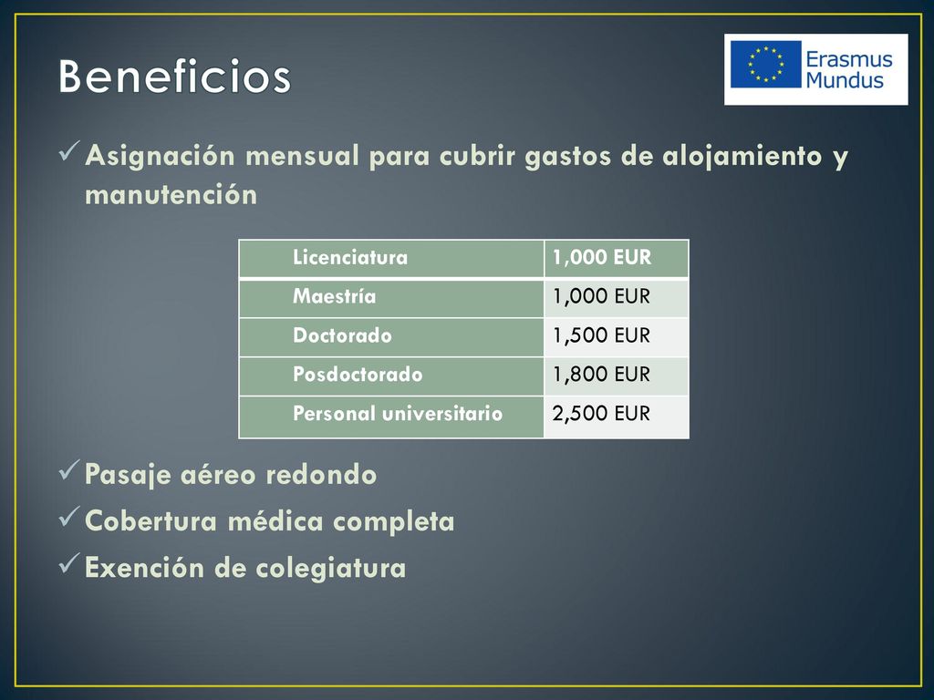 Beneficios Asignación mensual para cubrir gastos de alojamiento y manutención. Pasaje aéreo redondo.
