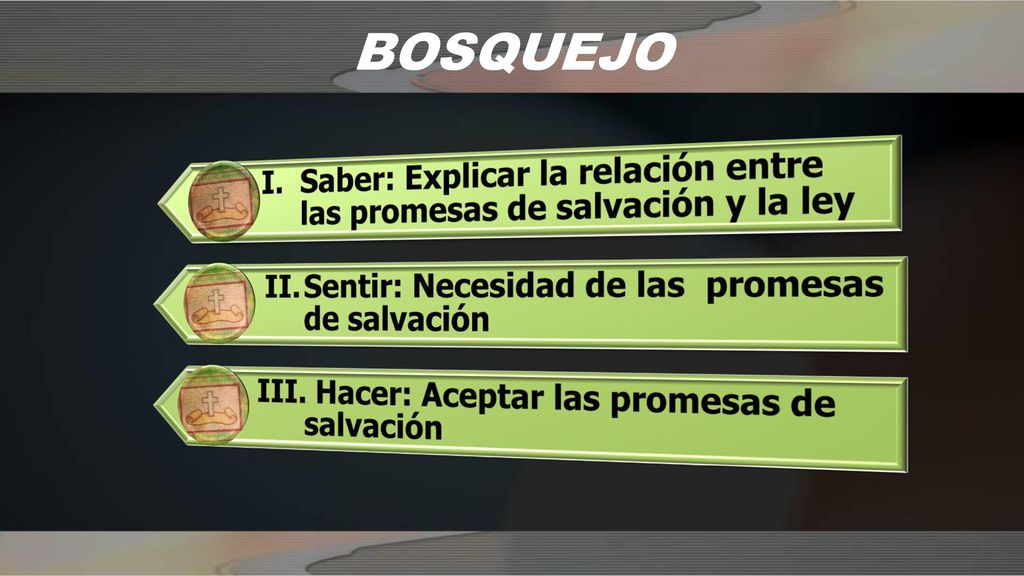 BOSQUEJO I. Saber: Explicar la relación entre las promesas de salvación y la ley. II. Sentir: Necesidad de las promesas de salvación.