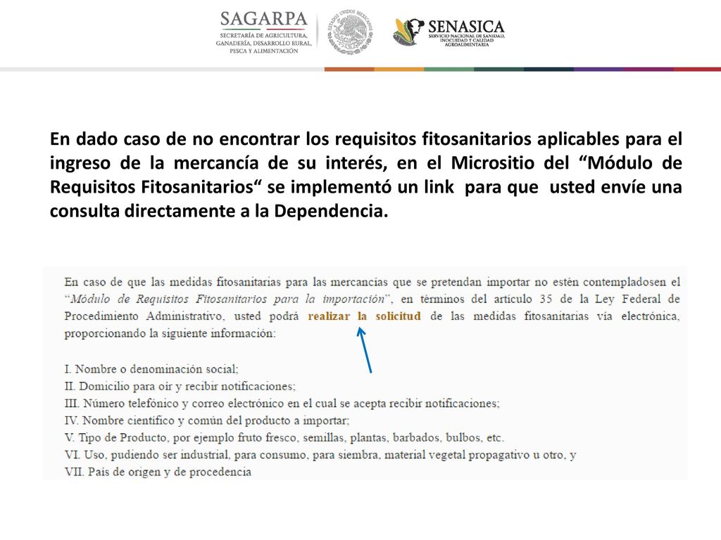 En dado caso de no encontrar los requisitos fitosanitarios aplicables para el ingreso de la mercancía de su interés, en el Micrositio del Módulo de Requisitos Fitosanitarios se implementó un link para que usted envíe una consulta directamente a la Dependencia.