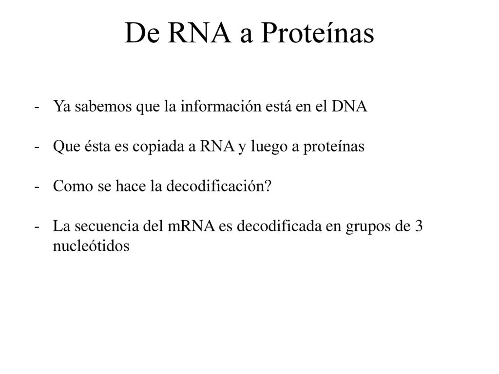 De RNA a Proteínas Ya sabemos que la información está en el DNA