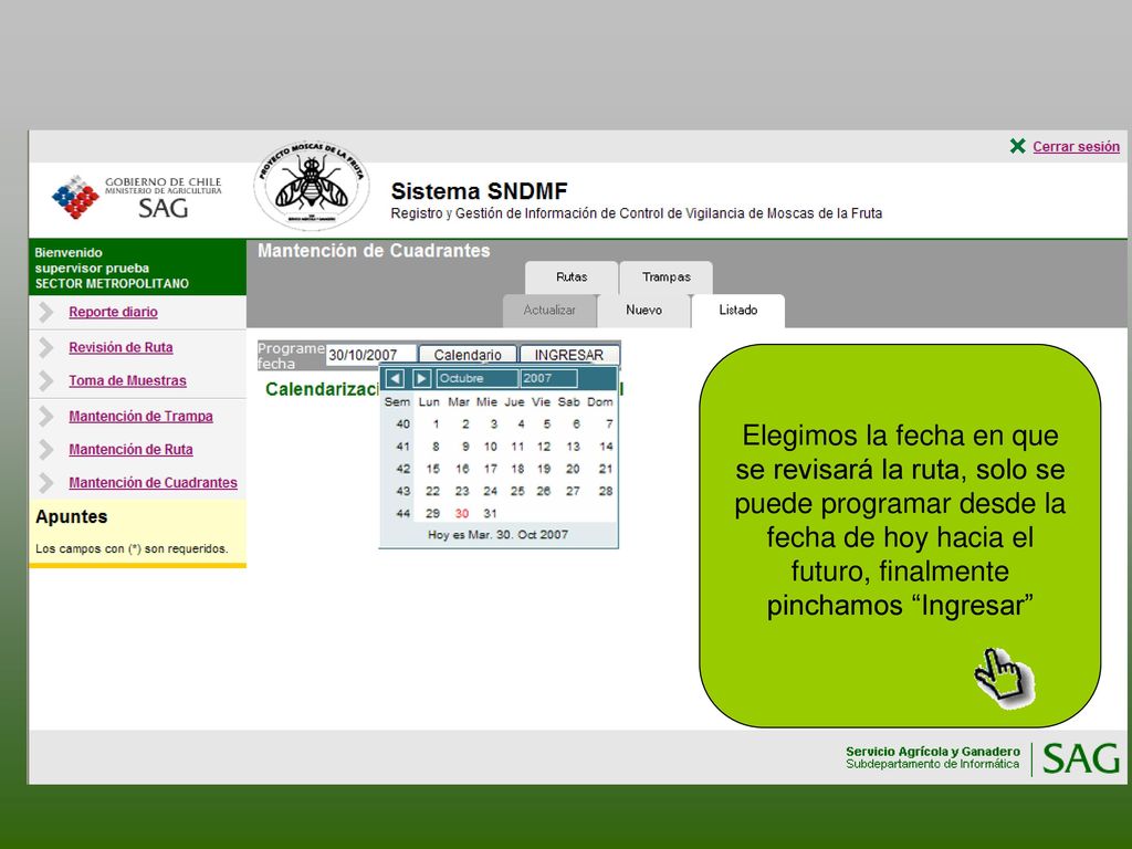 Elegimos la fecha en que se revisará la ruta, solo se puede programar desde la fecha de hoy hacia el futuro, finalmente pinchamos Ingresar