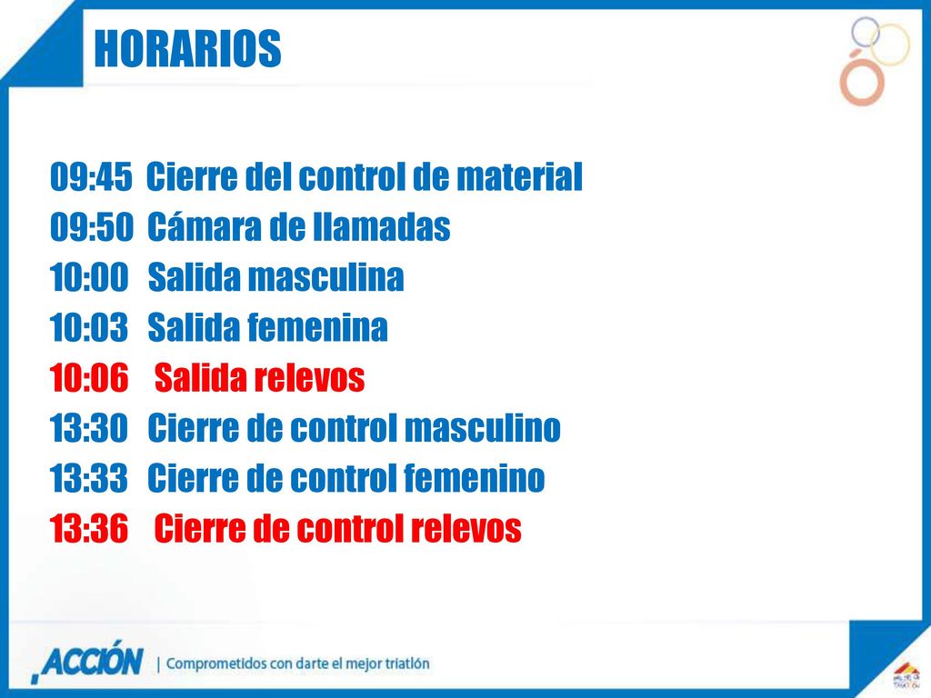HORARIOS 09:45 Cierre del control de material 09:50 Cámara de llamadas
