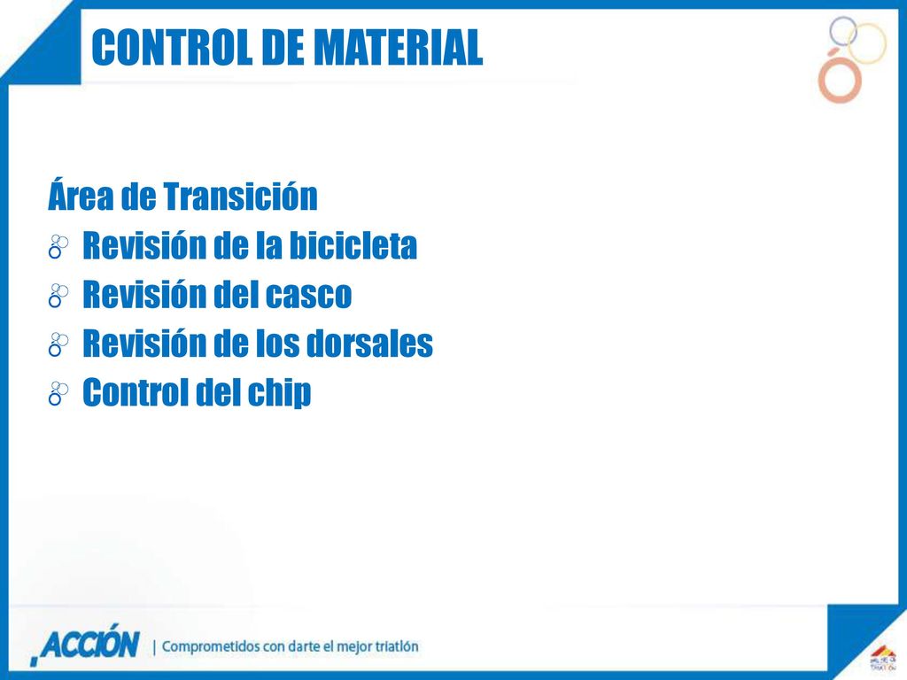 CONTROL DE MATERIAL Área de Transición Revisión de la bicicleta