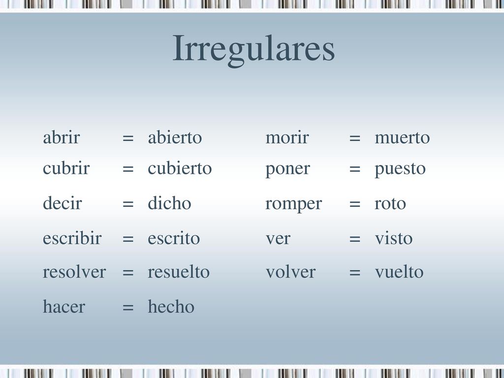 Irregulares abrir = abierto morir muerto cubrir cubierto poner puesto