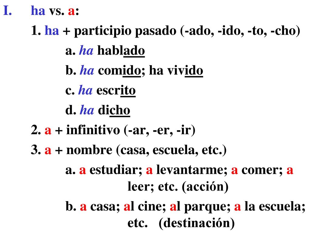 ha vs. a: 1. ha + participio pasado (-ado, -ido, -to, -cho) a. ha hablado. b. ha comido; ha vivido.