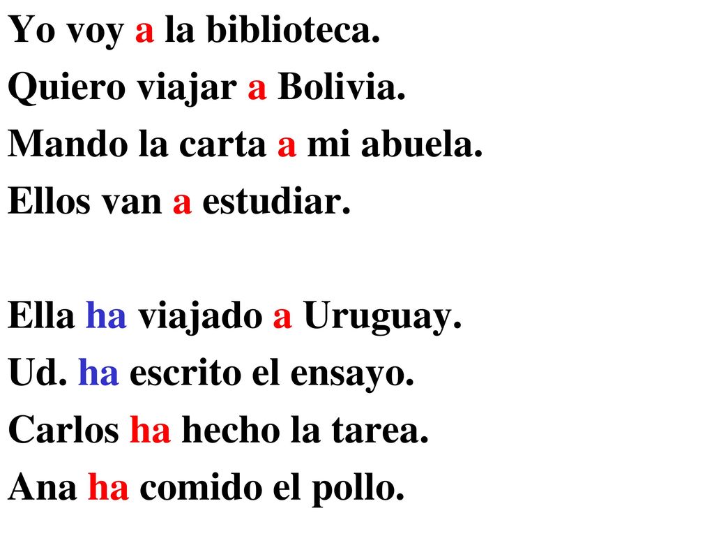 Yo voy a la biblioteca. Quiero viajar a Bolivia. Mando la carta a mi abuela. Ellos van a estudiar.
