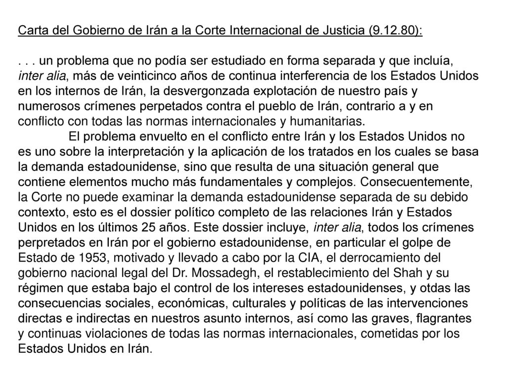 Carta del Gobierno de Irán a la Corte Internacional de Justicia (9. 12
