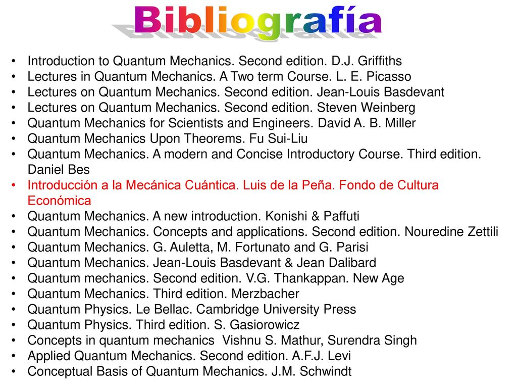 Bibliografía Introduction to Quantum Mechanics. Second edition. D.J. Griffiths. Lectures in Quantum Mechanics. A Two term Course. L. E. Picasso.