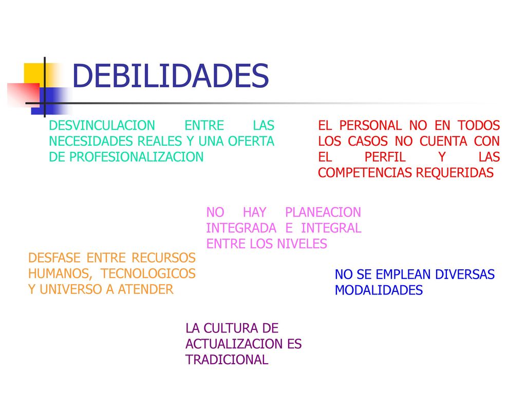 DEBILIDADES DESVINCULACION ENTRE LAS NECESIDADES REALES Y UNA OFERTA DE PROFESIONALIZACION.