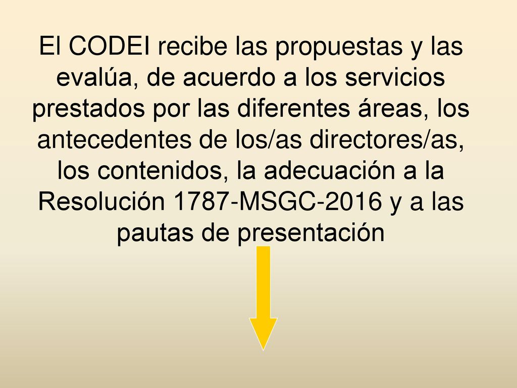 El CODEI recibe las propuestas y las evalúa, de acuerdo a los servicios prestados por las diferentes áreas, los antecedentes de los/as directores/as, los contenidos, la adecuación a la Resolución 1787-MSGC-2016 y a las pautas de presentación
