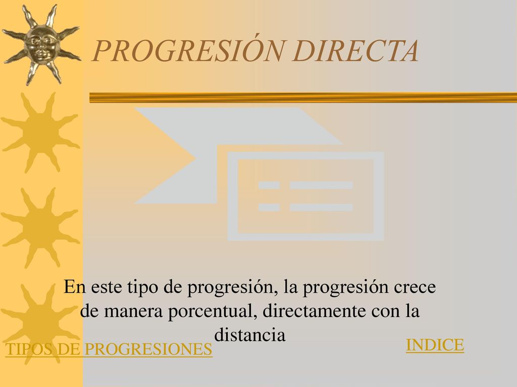 PROGRESIÓN DIRECTA En este tipo de progresión, la progresión crece de manera porcentual, directamente con la distancia.