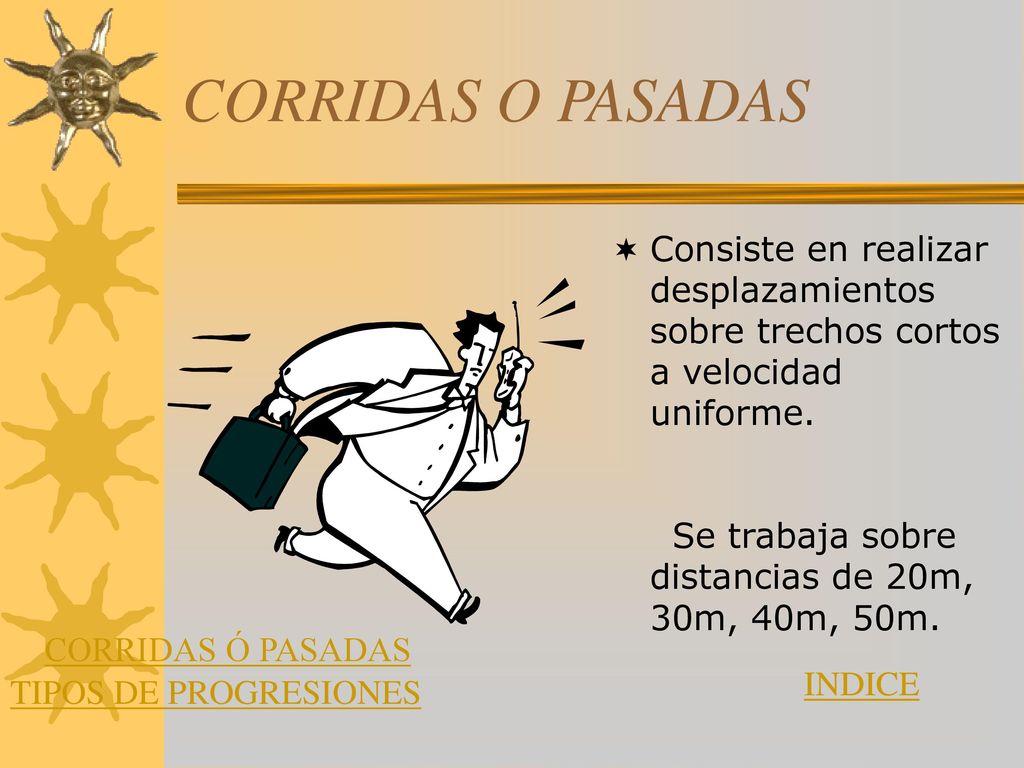 CORRIDAS O PASADAS Consiste en realizar desplazamientos sobre trechos cortos a velocidad uniforme.