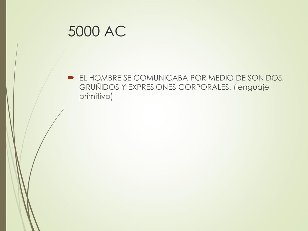 5000 AC EL HOMBRE SE COMUNICABA POR MEDIO DE SONIDOS, GRUÑIDOS Y EXPRESIONES CORPORALES.