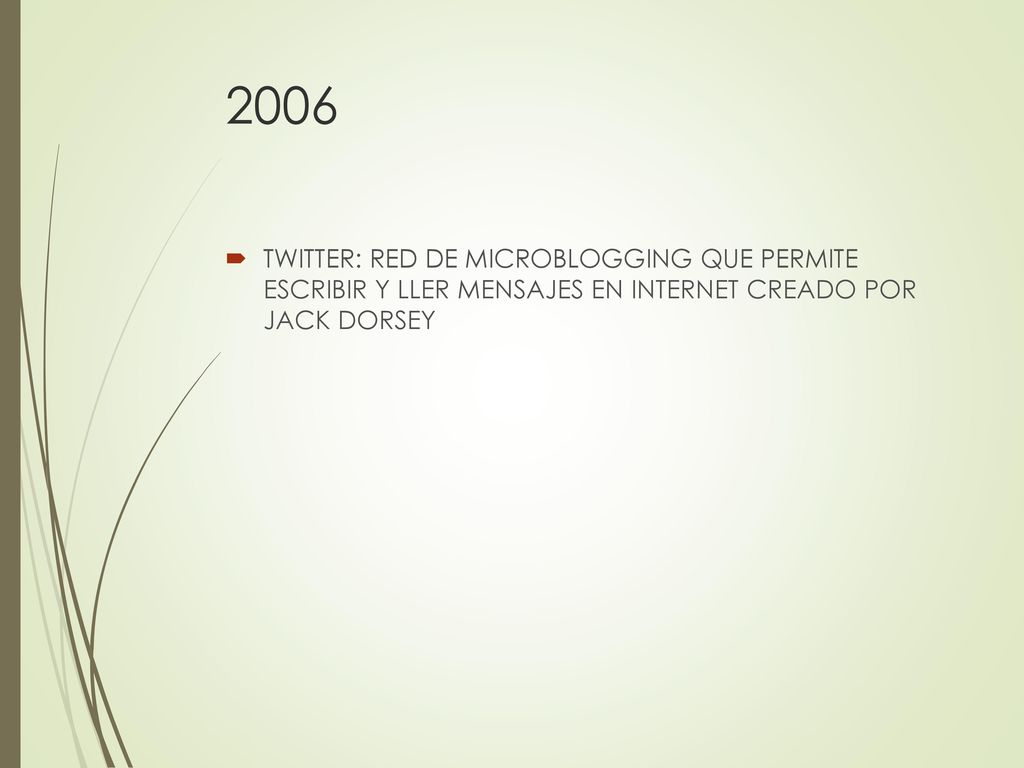2006 TWITTER: RED DE MICROBLOGGING QUE PERMITE ESCRIBIR Y LLER MENSAJES EN INTERNET CREADO POR JACK DORSEY.