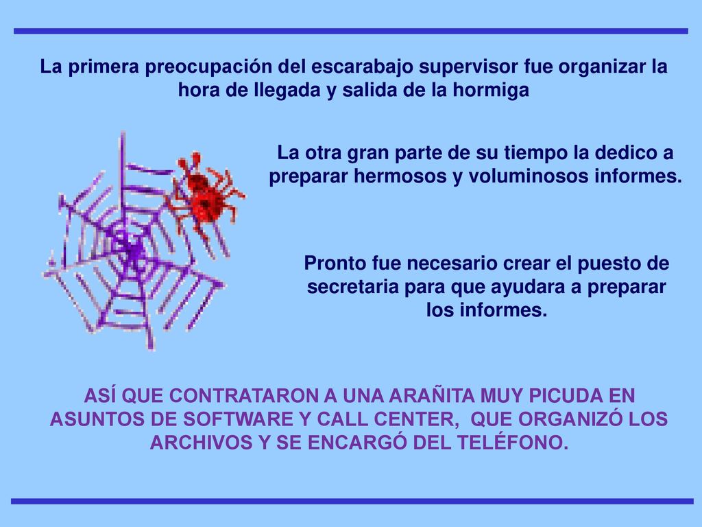 La primera preocupación del escarabajo supervisor fue organizar la hora de llegada y salida de la hormiga