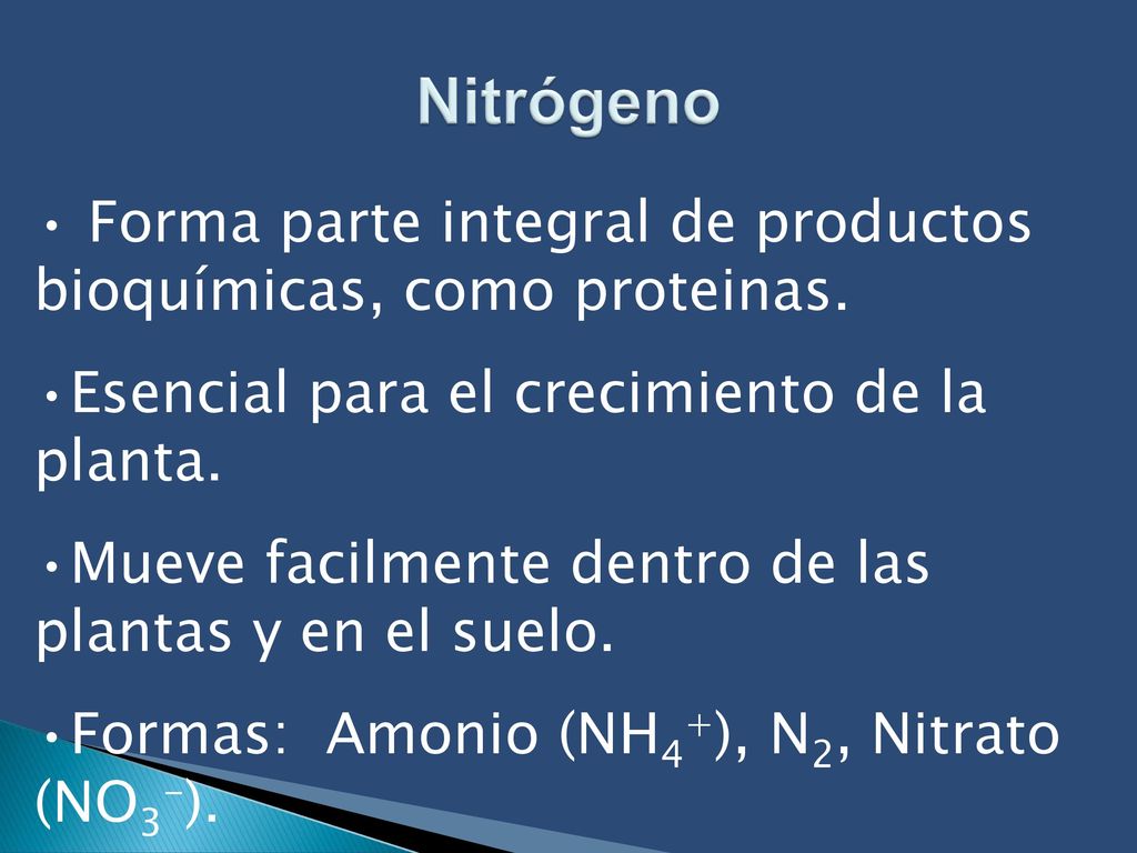 Nitrógeno Forma parte integral de productos bioquímicas, como proteinas. Esencial para el crecimiento de la planta.