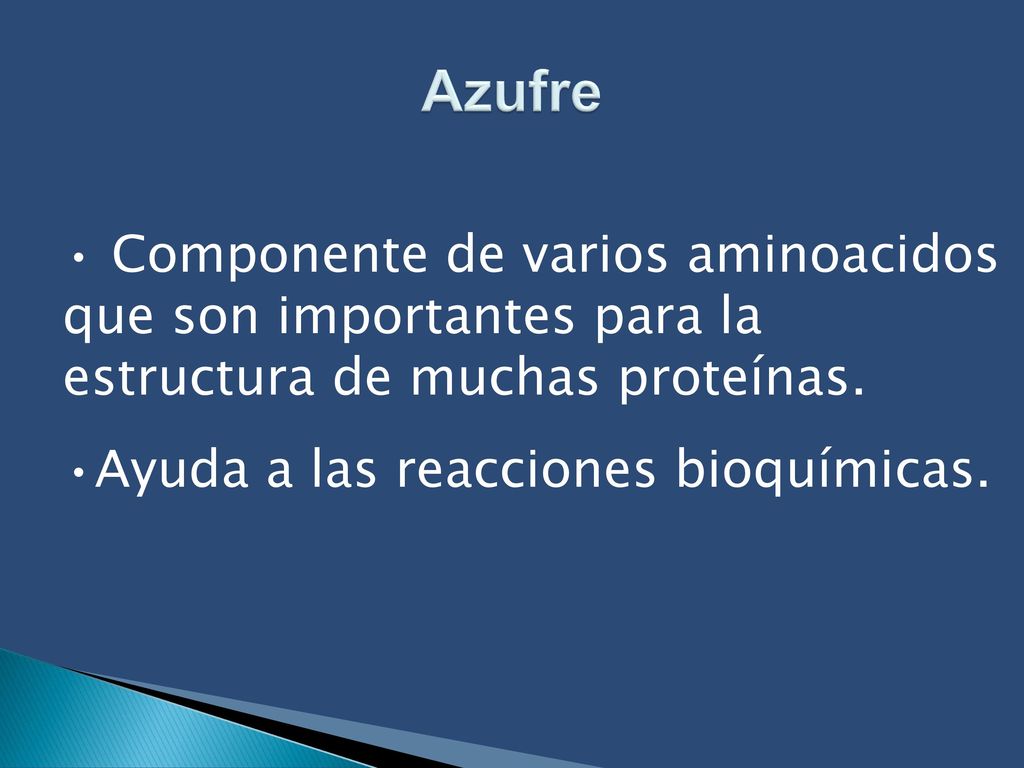 Azufre Componente de varios aminoacidos que son importantes para la estructura de muchas proteínas.