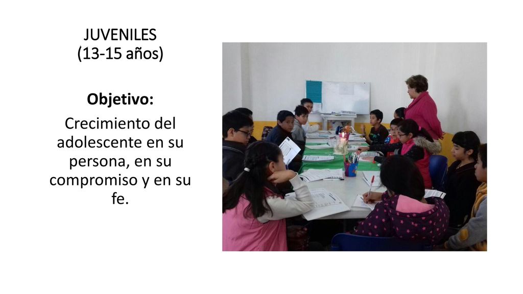 JUVENILES (13-15 años) Objetivo: Crecimiento del adolescente en su persona, en su compromiso y en su fe.