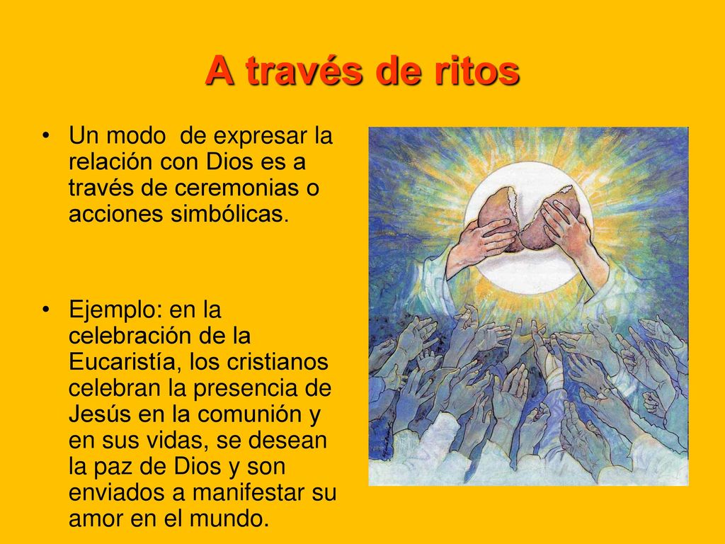 A través de ritos Un modo de expresar la relación con Dios es a través de ceremonias o acciones simbólicas.