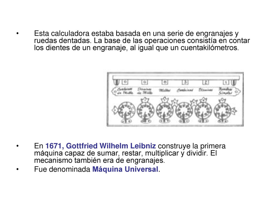 Esta calculadora estaba basada en una serie de engranajes y ruedas dentadas. La base de las operaciones consistía en contar los dientes de un engranaje, al igual que un cuentakilómetros.