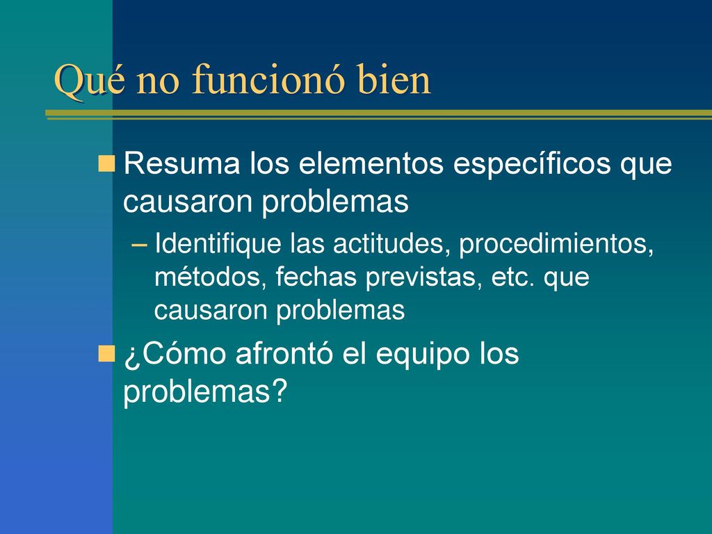Qué no funcionó bien Resuma los elementos específicos que causaron problemas.
