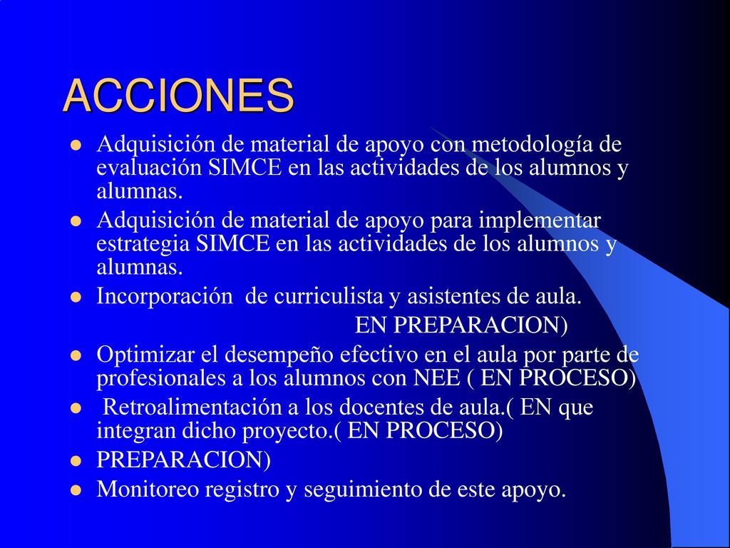 ACCIONES Adquisición de material de apoyo con metodología de evaluación SIMCE en las actividades de los alumnos y alumnas.