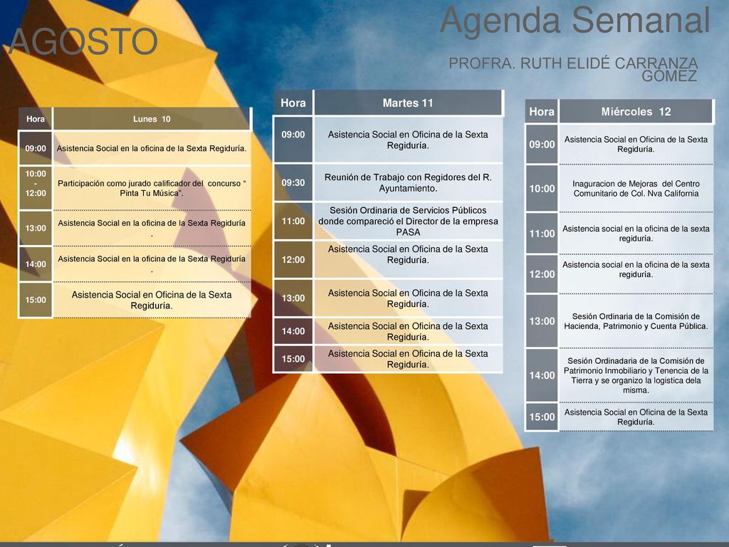 Agenda Semanal AGOSTO Cabildo Torreón PROFRA. RUTH ELIDÉ CARRANZA