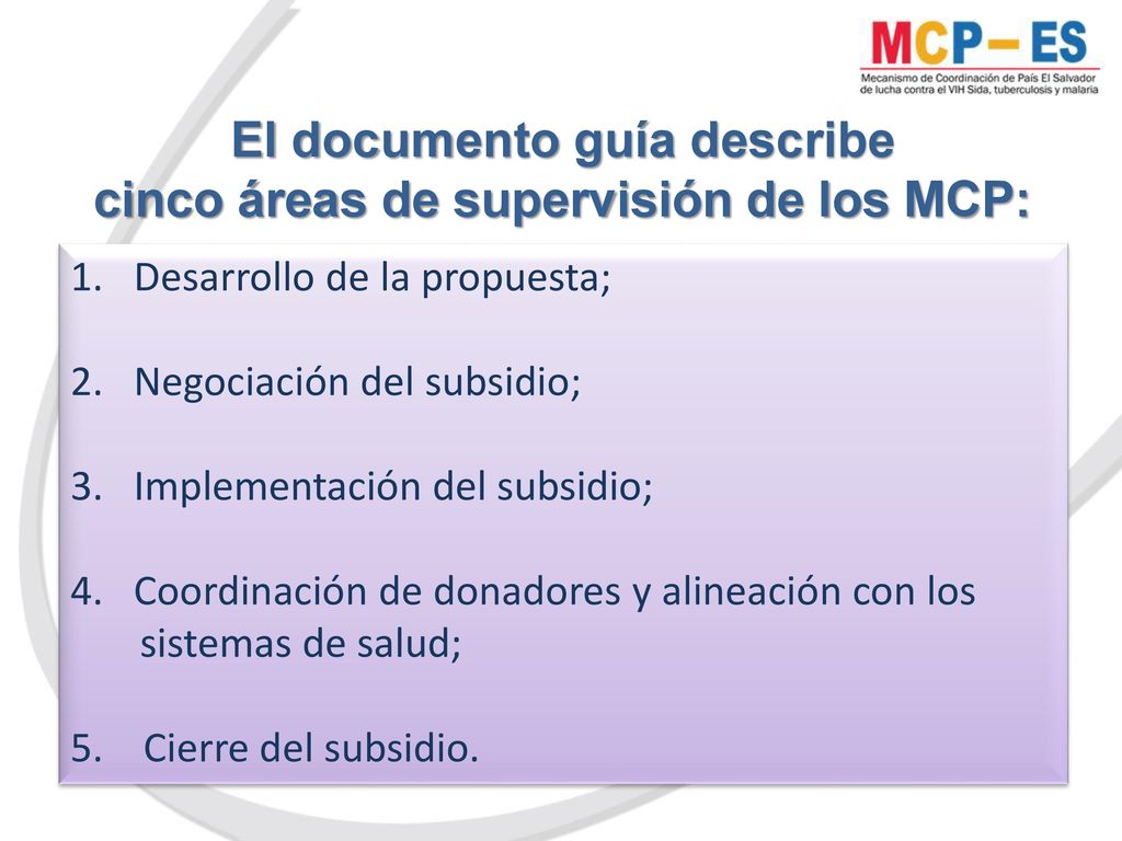 El documento guía describe cinco áreas de supervisión de los MCP: