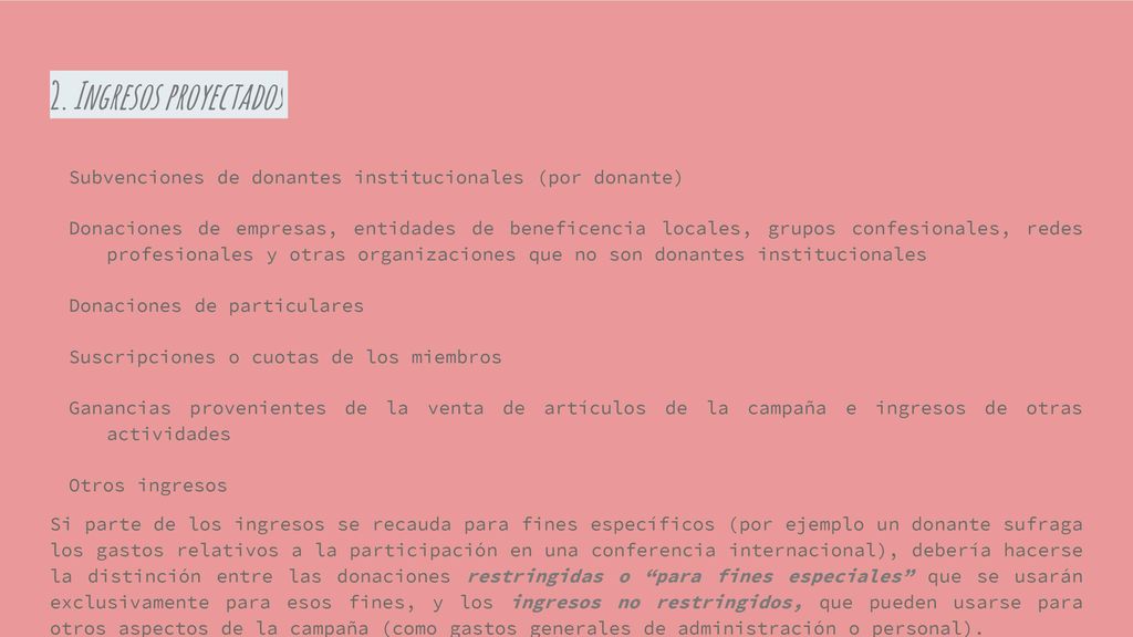 2. Ingresos proyectados Subvenciones de donantes institucionales (por donante)