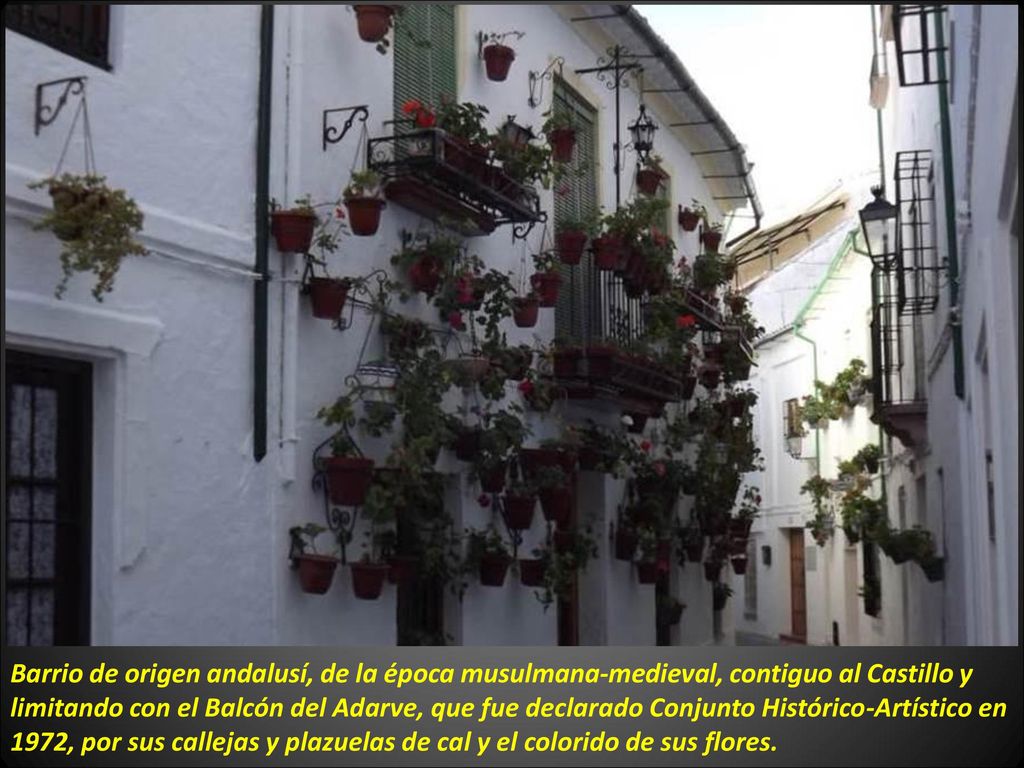 Barrio de origen andalusí, de la época musulmana-medieval, contiguo al Castillo y limitando con el Balcón del Adarve, que fue declarado Conjunto Histórico-Artístico en 1972, por sus callejas y plazuelas de cal y el colorido de sus flores.