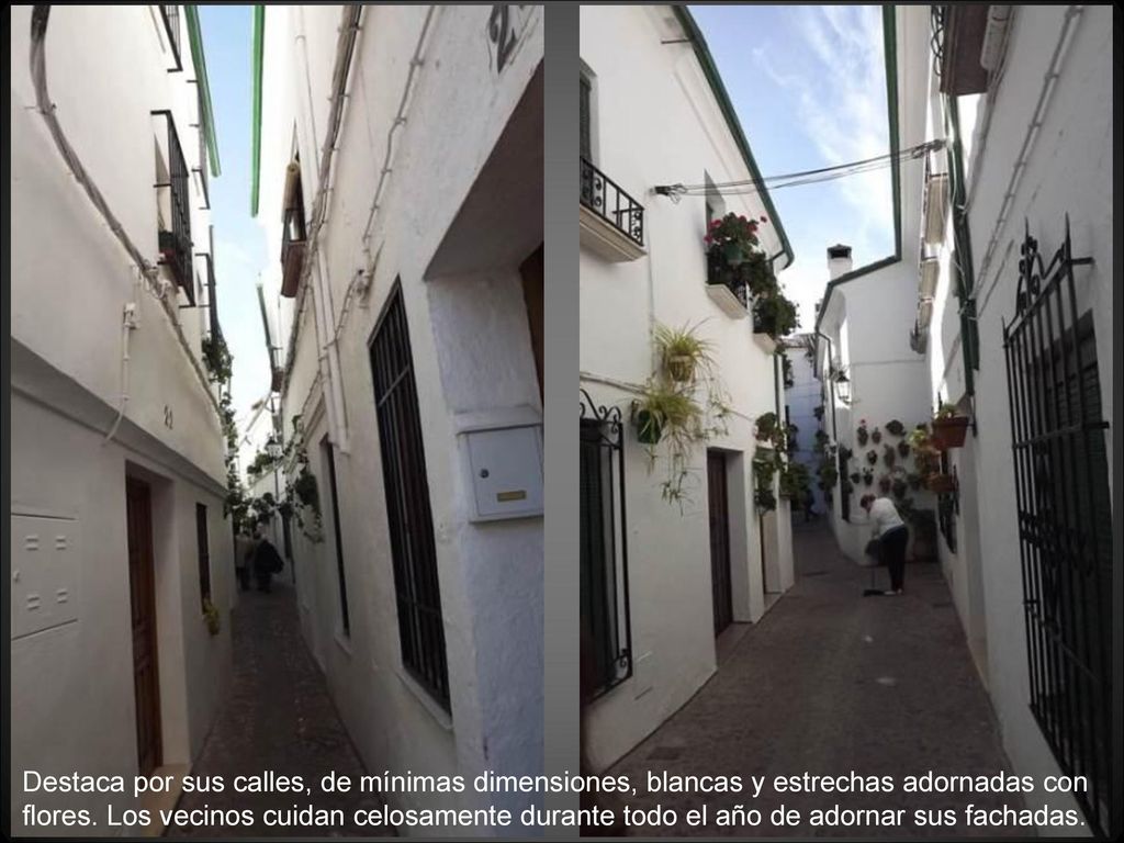 Destaca por sus calles, de mínimas dimensiones, blancas y estrechas adornadas con flores.